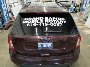 Grand Rapids Mobile Notary Car Rear Window Graphics by Fresh Coast Signs